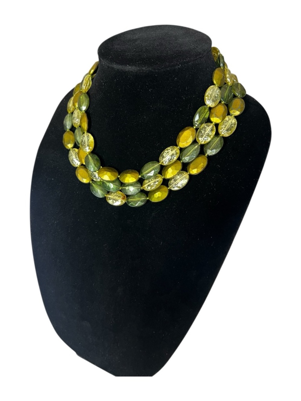 Triple-Strand Olive and Yellow Glass Bead Necklace